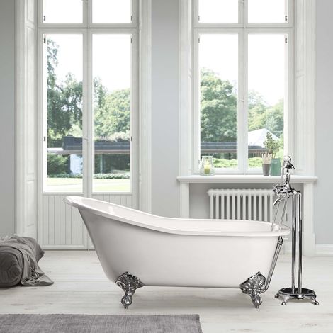 Baignoire sur pieds rétro en fonte petite taille ASHFORD Blanche 156 cm Pieds chromés