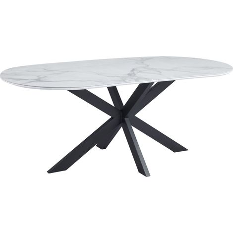 Table à Manger MANON – 200x90 cm – Céramique Marbre Blanc & Pied Métal Noir (1/5)