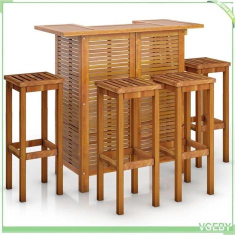 Ensemble de bar de jardin 5 pcs - FAFEICY - 3115997 - Bois d'acacia massif - Finition huilée - 4 tabourets (1/5)