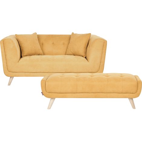 Sofá 2 plazas de tela con otomana cojines decorativos patas de madera capitoné estilo retro mostaza Habo (1/5)
