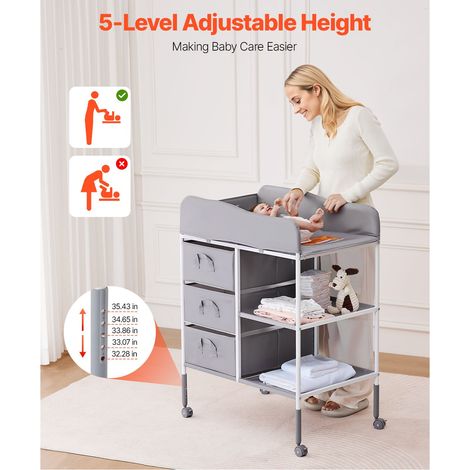 Table à langer bébé pliable, commode couches portable 3 tiroirs tissu et roulettes verrouillables, hauteur réglable multifonction avec rangement nursery, gris (1/5)