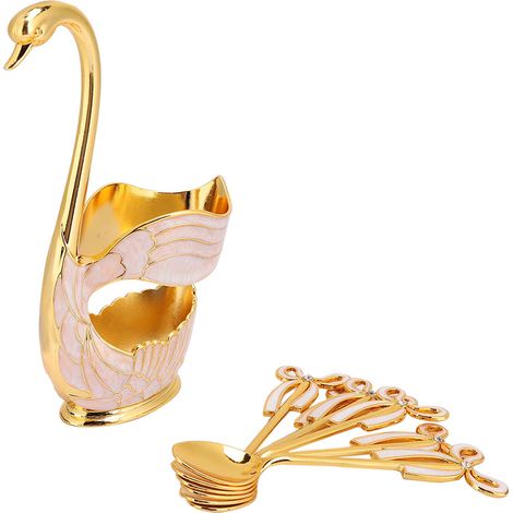 Ensemble élégant de cuillères à café et à dessert de style européen en forme de cygne, comprenant un porte-cuillère à fruits et des couverts décorés d'or. (1/5)