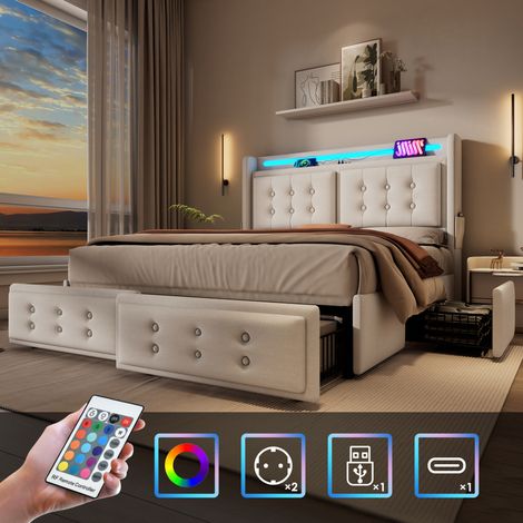 MEUBLIV Cadre de lit 180x200 cm beige – LED, USB-C et 4 tiroirs, sans matelas (1/5)