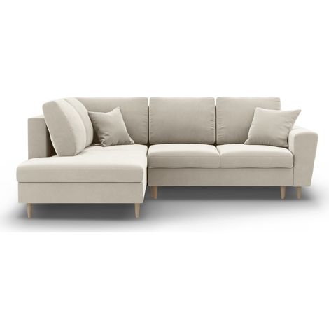 Canapé d'angle convertible + box 5 places en velours beige clair (1/5)