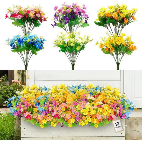12 Bundles Artificial Flowers Outdoor, UV Resistant Fade Proof Daisy Faux Silk Flowers Fake Plants for Hanging Baskets, Garden, Porch, Window Box Decor (Multicolor)