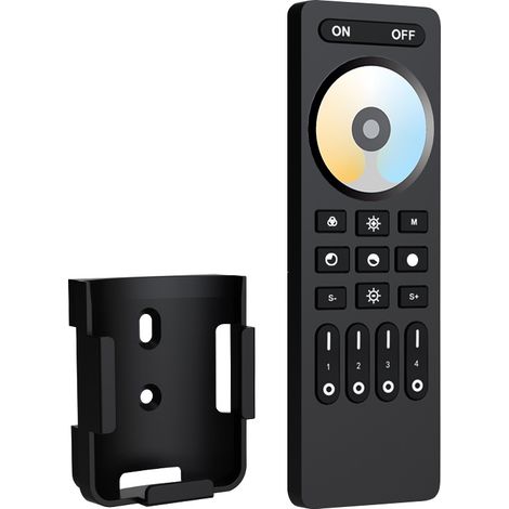 RC02RFB black 2.4 GHz 4-zone remote control with dimming and colour adjustment functions, compatible with dual colour temperature controllers.