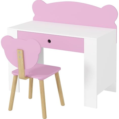 Set de escritorio infantil con silla y cajón de madera rosa con diseño de oso HOMVRA (1/5)