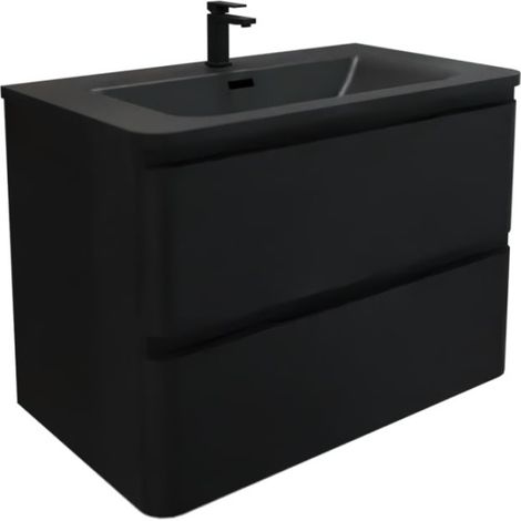 Cuisibane – Meuble salle de bain suspendu 80 cm – Finition noir mat – 2 tiroirs avec coulisses à sortie totale – Vasque en résine surfacée noir (1/5)