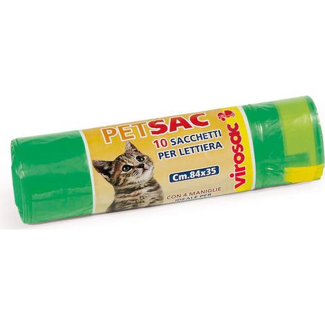 Virosac - Petsac - Sacchi 84x35 resistenti e antigoccia, ideali per lettiere dei gatti, dotati di 4 Pratiche Maniglie Estraibili, 10 sacchetti per rotolo, verde (1/4)