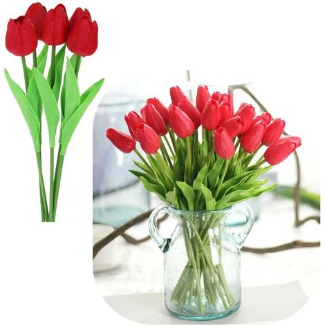Tulipanes de silicona artificiales, 34 cm, plantas decorativas para jarrón, 5 unidades, color rojo (1/5)