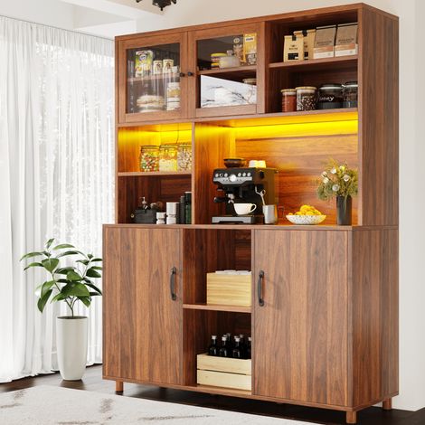 Buffet haut en MDF et verre brun noyer 140x40x185 cm, LED intelligent, portes coulissantes, étagères réglables (1/5)