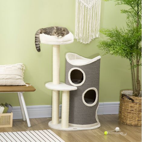 Arbre à chat 109 cm avec tonneau griffoir, panier et poteaux en sisal, blanc gris (1/5)