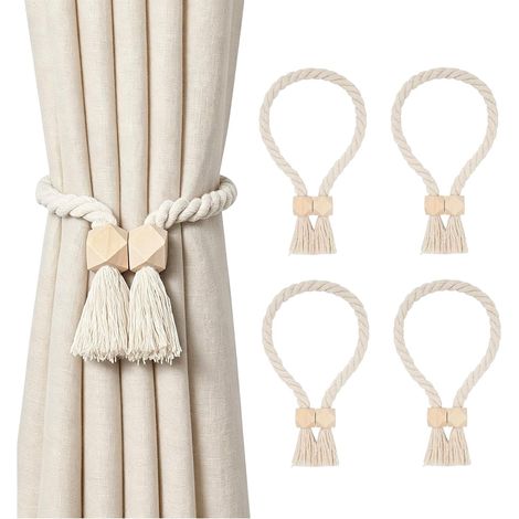 4 Stück Magnetische Vorhang Raffhalter Boho Gardinenraffer, Handgewebt Gardinen Raffhalter für Home Büro Gardinen Deko (Beige) (1/5)