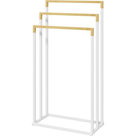 Porte-serviettes 3 pièces Rootz Kleankin - Porte-serviettes - Organisateur de salle de bain - Design industriel - Bambou et acier - 45 x 22,5 x 86 cm - Blanc et naturel-AquaForge (1/5)