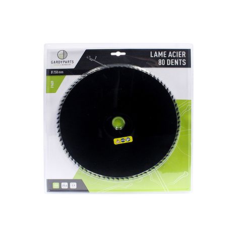 lame acier 80 dents pour débroussailleuse, dimensions coupe: 250mm, alésage: 25,4mm, ep: 1,9mm. (sous coque).