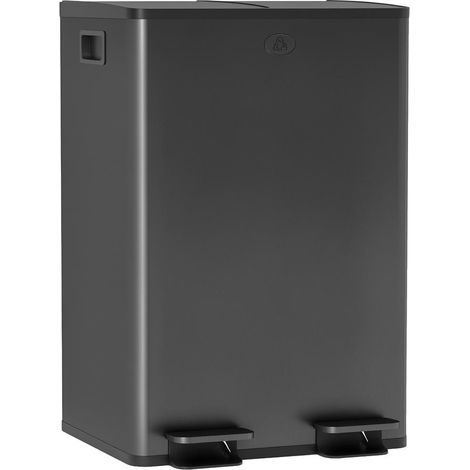 Poubelle de cuisine tri sélectif 2 compartiments 2x28L en acier inoxydable noir avec pédales et fermeture douce (1/5)