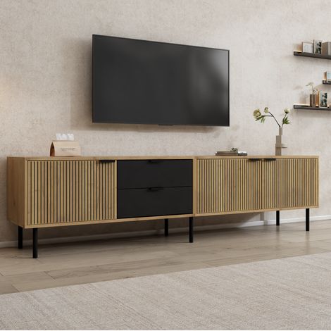 REDOM - Meuble TV 208x40x48 cm - 3 placards - 2 tiroirs - passe câbles - portes rainurées - panneau de particules - noir et bois naturel (1/5)
