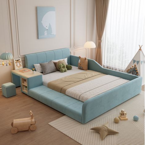 Cama tapizada moderna 140x200 cm con escritorio lateral, taburete y cabecero suave, terciopelo azul (1/5)