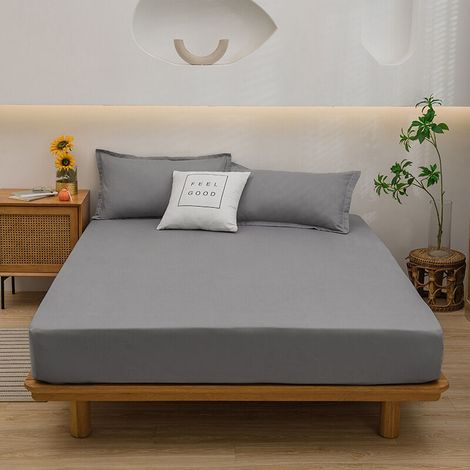 Drap de lit tout compris en coton lavé de couleur unie, protège-matelas antidérapant, housse anti-poussière, couvre-lit simple, taie d'oreiller (1/3)