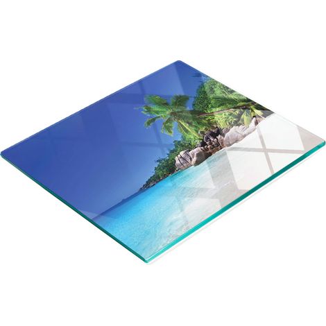 Tabla de cocina de vidrio templado con motivos decorativos de las playas de Seychelles, 60x52 cm. (1/5)