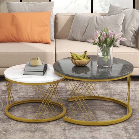 Table basse gigogne 2 pièces marbre effet gris/blanc-métal doré-MDF et métal-Nesting-70x70x45 et 45x45x40cm (1/5)