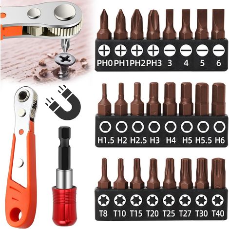 Set de 26 mini tournevis à cliquer réversible Tournevis magnétique avec embouts divers pour réparation, entretien et bricolage. (1/5)