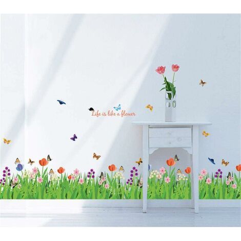 Green grass, flower, and butterfly wall stickers, decorative wall decals for corners, bedrooms, baseboards, and living rooms. (1/4)