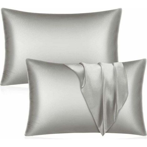 Taies d'oreiller en satin anti-rides et anti-frisottis – Lot de 2 pièces grises 51 x 76 cm, fermeture enveloppe