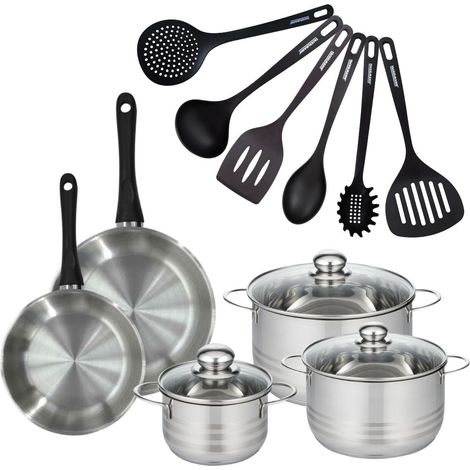 Set de 2 poêles 20 et 24 cm en inox, 3 faitouts inox 16, 20 et 24 cm et 6 ustensiles RPET Fackelmann Geneva (1/5)