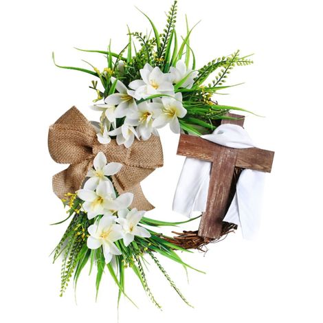 Guirlande De Pâques - Couronne En Vigne Artificielle Avec Croix Et Nœud En Toile De Jute - Diamètre 35 Cm - Décoration Porte Extérieure Intérieure (1/5)