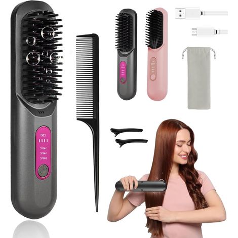 Wireless Straightening Brush, Electric Hair Brush, 2026 Portable Brush Smoothing with LED Display and 3 Temperature Settings, Hair Straightener Brush, Wireless for Travel, Daily Use (1/5)