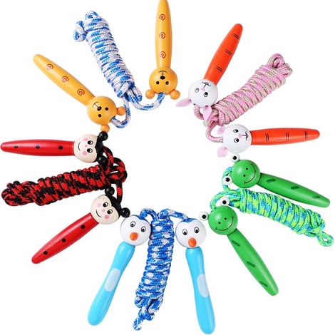 Corde à sauter pour enfants (filles et garçons) - Corde à sauter idéale pour les débutants, lot de 10 jouets, poignée en bois, corde en coton, motif animaux mignons - Exercices d'été en extérieur (1/5)