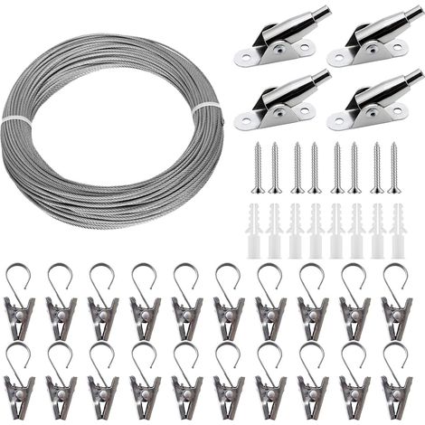 Complete Set of Stainless Steel Curtain Tensioner - 10 m Wire with 4 Corner Brackets for Wall or Ceiling, Elastic Rope Cord Ideal for Curtains, Home Decorations and Accessories (1/5)