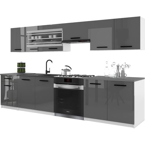 Belini ITALIA 4 Cuisine Equipée Modulaire Complète - 260 cm. Meubles Hauts Bas avec Plan de Travail, Gris Très Brillant (1/4)