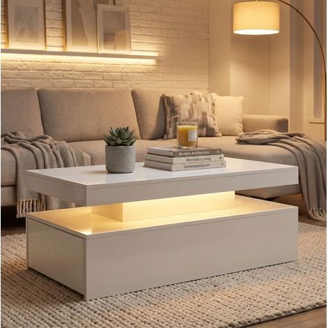 Mesa centro LED con 2 cajones blanco brillo OKMYHOME (1/5)