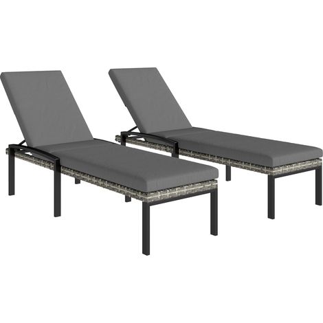 Set aus 2 Gartenliegen aus Polyrattan mit 5-fach verstellbarer Rückenlehne und Kissen, bis 120 kg belastbar, hellgrau