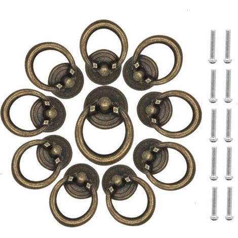 10 Pcs Vintage Poignée Tiroir Bague Poignée Traction d'Armoire Alliage Zinc Boutons d'Anneau de Tiroir Rond Poignée Anneau Goutte Antique pour Placard Armoire Commode Meubles, Rétro Bronze (1/4)