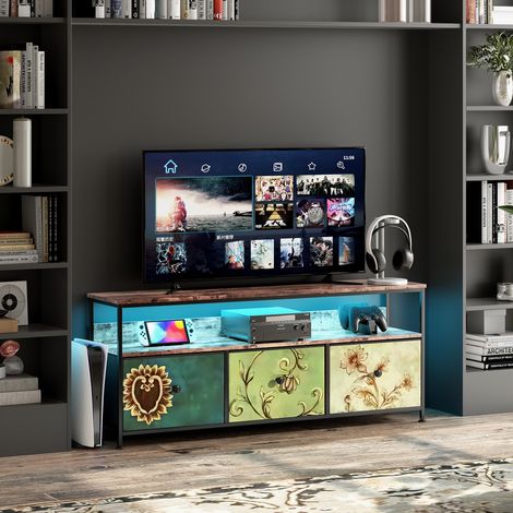 Meuble TV LED 137x30x57cm - 3 tiroirs en tissu cuir et métal noir - multicolore
