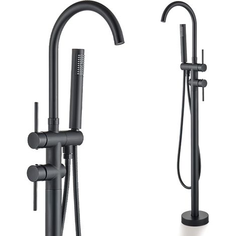 Suguword – Mitigeur de baignoire noir à deux poignées – Robinet de remplissage au sol avec douche à main – Buse rotative 360° – Laiton anticorrosion (1/5)