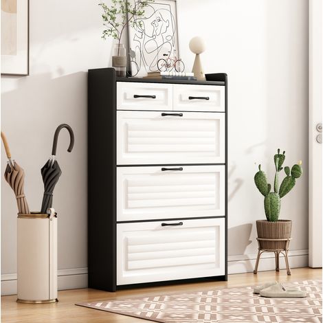 Schuhschrank 80x23.5x131 cm Weiß und Schwarz aus Spanplatte mit 3 drehbaren Klappen, Metallgriffen und Kippsicherung (1/5)