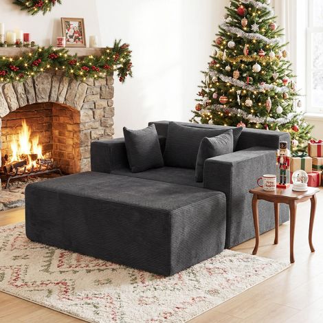 Salon, chambre ou appartement : canapé de sol gris avec ottoman, tissu velours côtelé, 3 coussins (1/5)