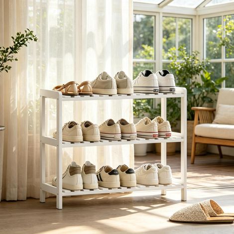 Meuble à chaussures 3 niveaux blanc en pin et MDF, 70 x 26 x 57,5 cm OKMYHOME (1/5)