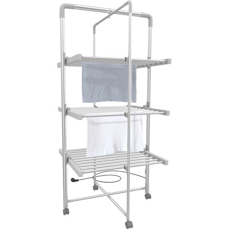 Todeco – Sèche-linge électrique pliant 3 étagères – Barres chauffantes 45-55°C – Dimensions replié 143x72x9cm – Avec roues pour rangement facile (1/5)