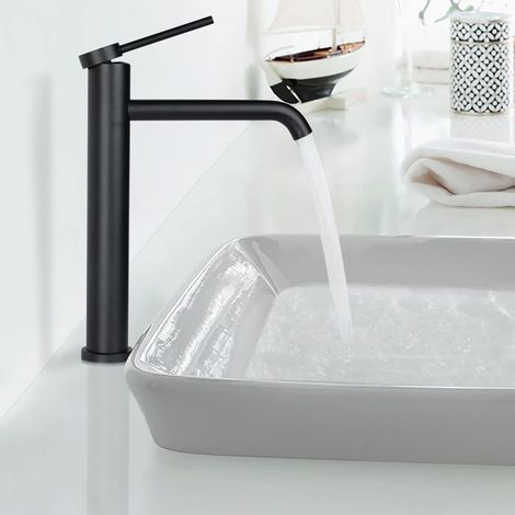 Robinet Salle de Bain, robinet de lavabo haut, robinet d'évier à poser, mitigeur monocommande Noir PTMP01B (1/5)