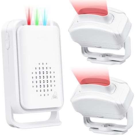 Détecteur de Mouvement Sonnette avec Alarme,Détecteur de Passage avec Carillon pour Magasin,Alarme Maison sans Fil,4 LED & Vibration,280M,pour Intérieur et Extérieur 1 Récepteur,2 Capteurs (1/5)