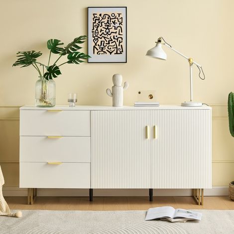 Buffet moderne MDF 2 portes 3 tiroirs finition aluminium doré pieds acier solide 160x40x81,5cm rangement cuisine - Blanc (1/5)