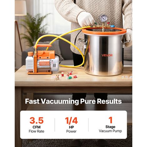 Pompe à Vide 3,5 CFM 99 L/min Chambre à Vide Acier Inox 18,92 L 1 Étage avec Couvercle Verre Trempé, Bouteille d'Huile 200 mL, Tuyau 1,5 m, pour Stabilisation de Bois Dégazage Résine Silicone (1/5)