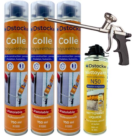DSTOCK60 - Lot de 3 colles de montage polyuréthane + 1 pistolet + 1 nettoyant mousse - Mousse polyuréthane faiblement expansive pour le collage des panneaux isolants, rouleaux de bitume, huisseries…