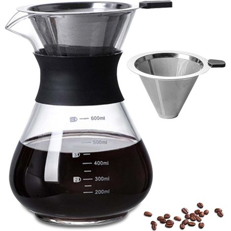 Cafetière à piston 600 ml pour café filtre, filtre à main en acier inoxydable avec filtre permanent, pour la maison, le café, le restaurant et le camping, noir (1/5)