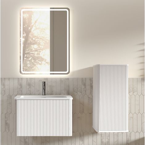 Set mobili bagno con specchio LED, mobile lavabo 60 cm, sospeso, bianco OKMYHOME (1/5)